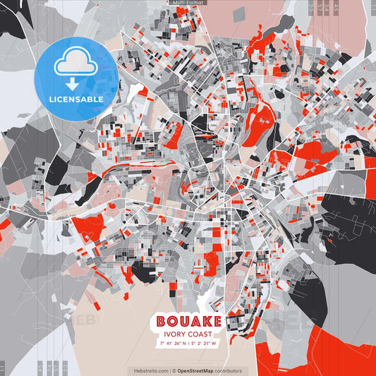 Bouake, Ivory Coast - modern street map poster template with gray and red tones