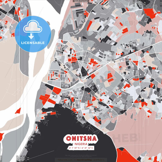 Onitsha, Nigeria - modern street map poster template with gray and red tones