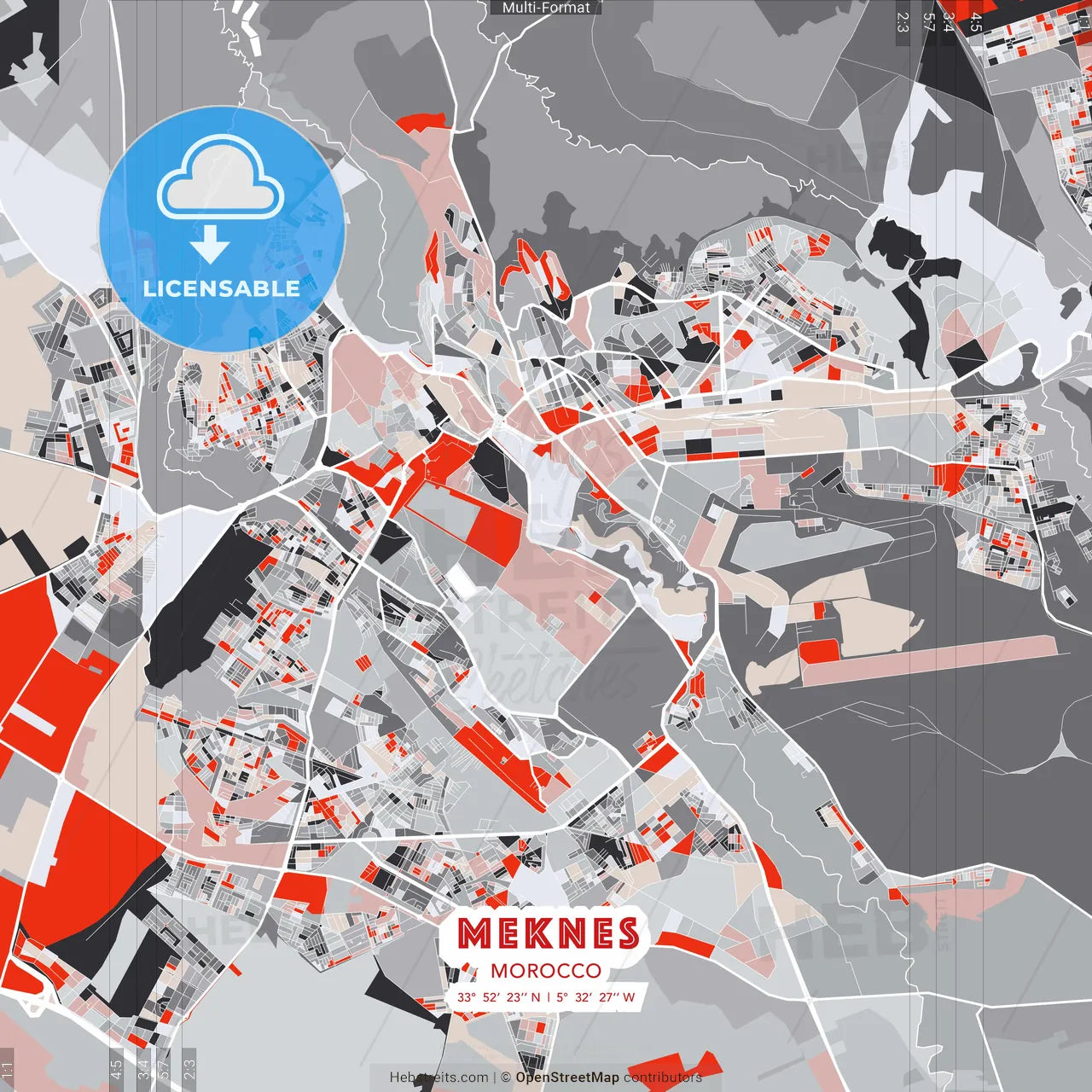Meknes, Morocco - modern street map poster template with gray and red tones