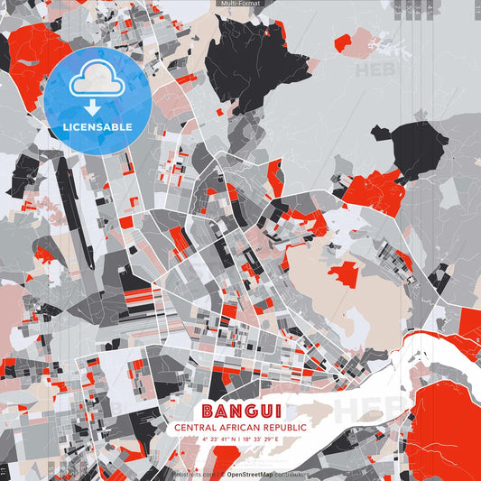 Bangui, Central African Republic - modern street map poster template with gray and red tones