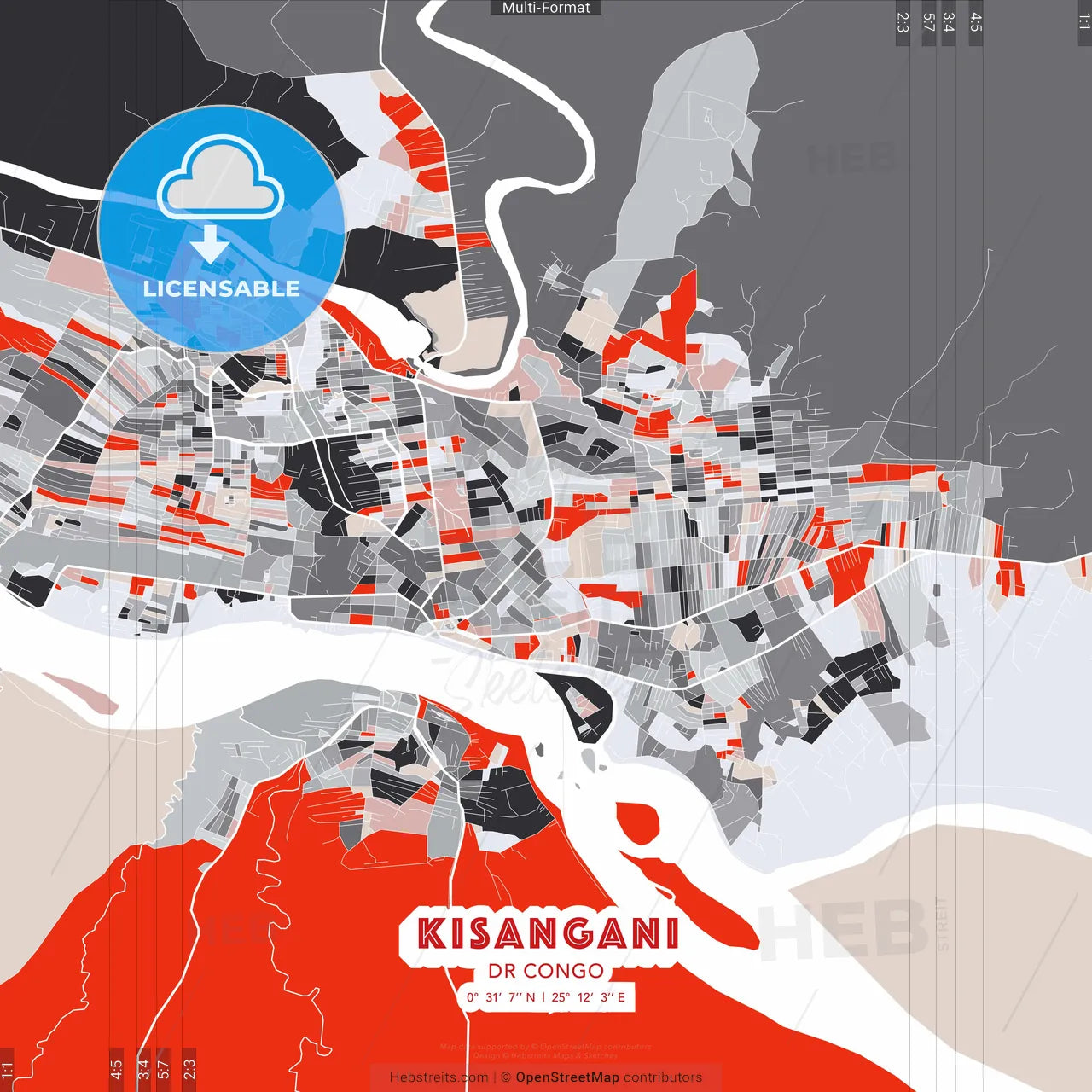 Kisangani, DR Congo - modern street map poster template with gray and red tones