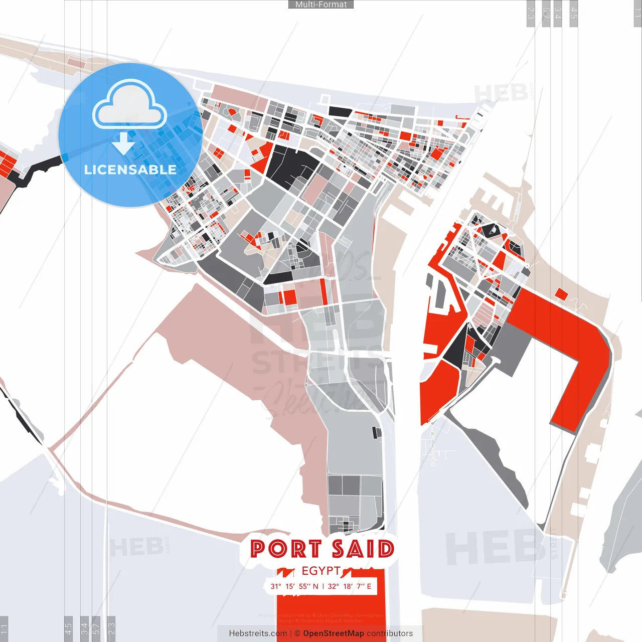Port Said, Egypt - modern street map poster template with gray and red tones