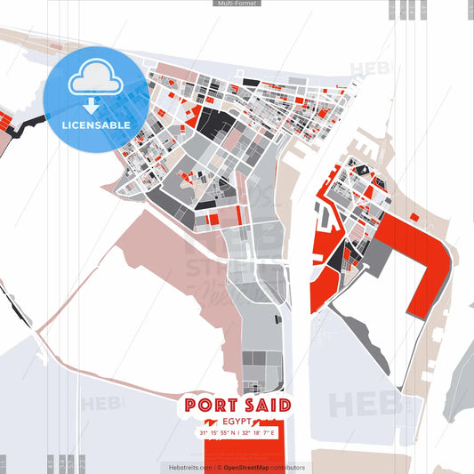 Port Said, Egypt - modern street map poster template with gray and red tones