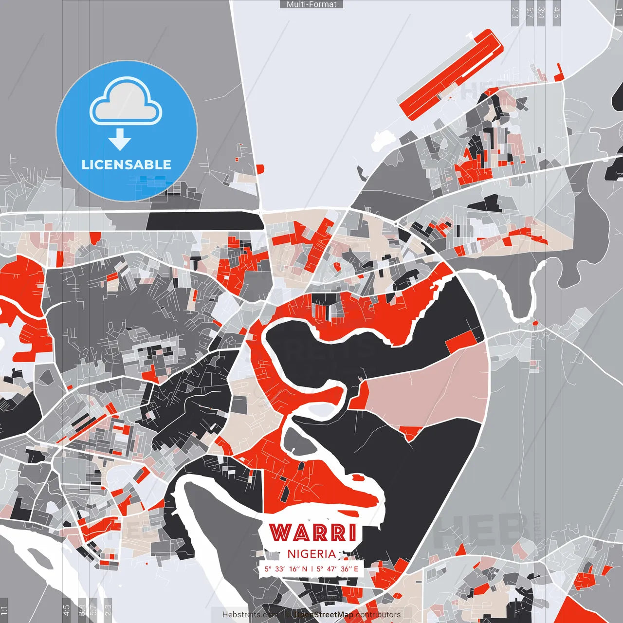 Warri, Nigeria - modern street map poster template with gray and red tones