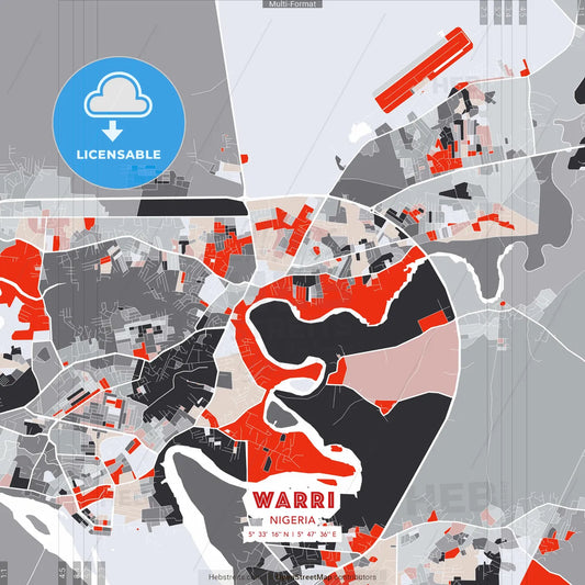 Warri, Nigeria - modern street map poster template with gray and red tones