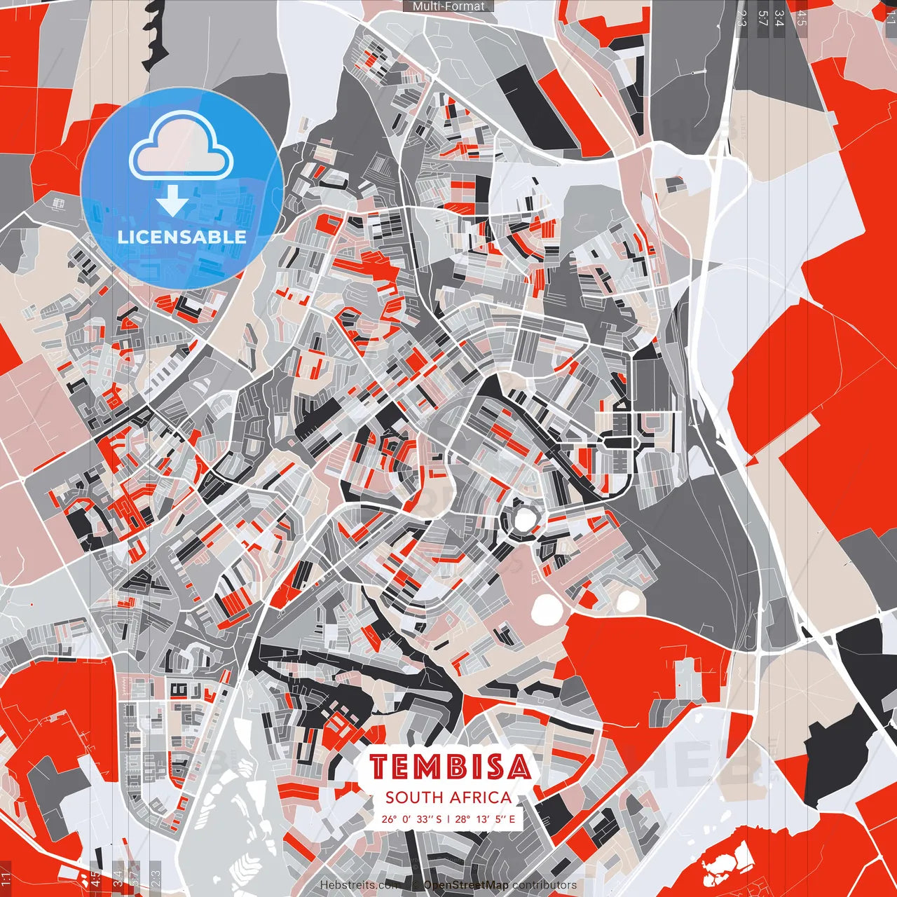 Tembisa, South Africa - modern street map poster template with gray and red tones