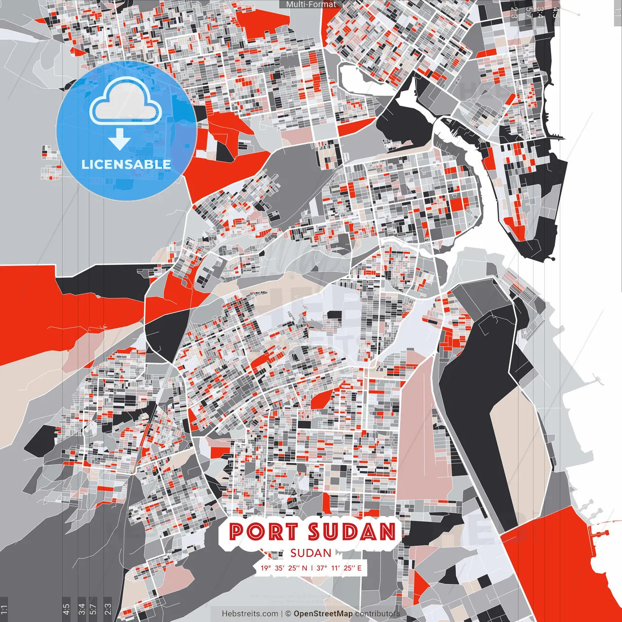 Port Sudan, Sudan - modern street map poster template with gray and red tones
