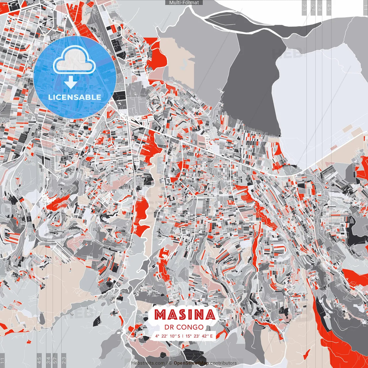 Masina, DR Congo - modern street map poster template with gray and red tones