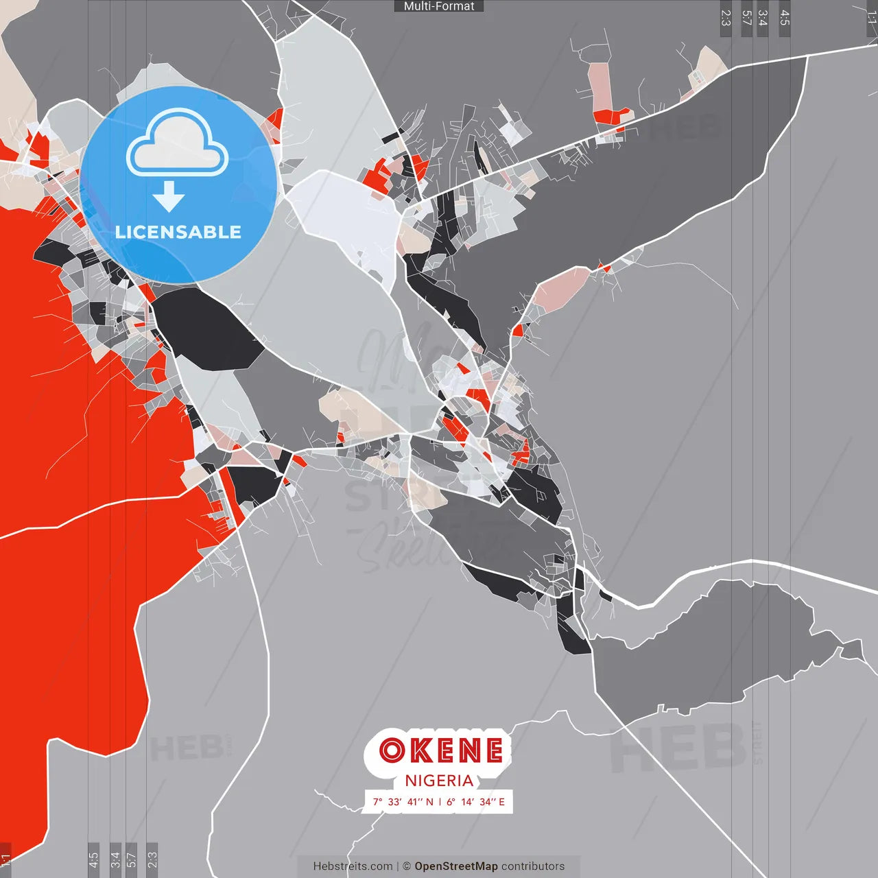 Okene, Nigeria - modern street map poster template with gray and red tones