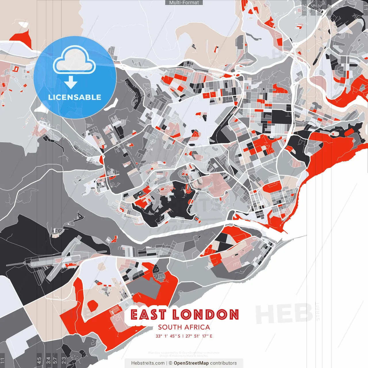East London, South Africa - modern street map poster template with gray and red tones