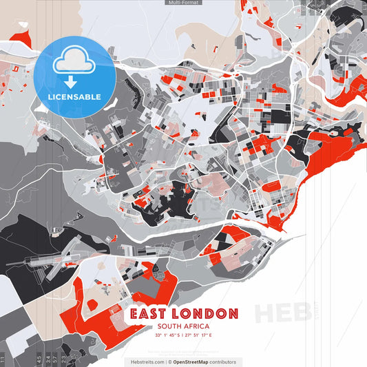 East London, South Africa - modern street map poster template with gray and red tones