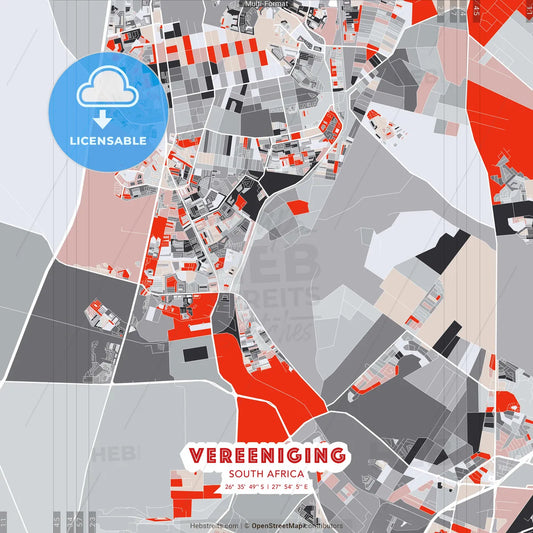 Vereeniging, South Africa - modern street map poster template with gray and red tones
