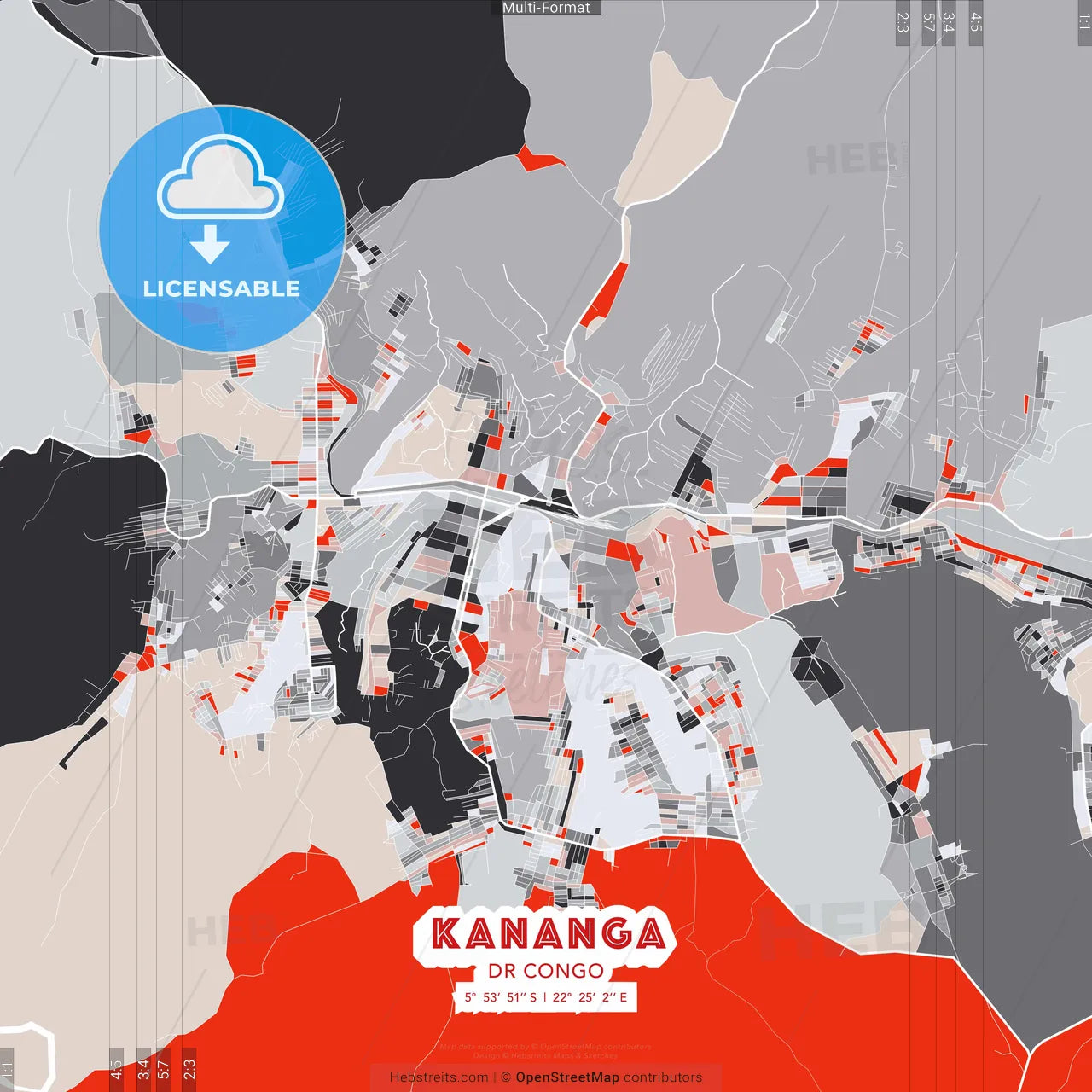 Kananga, DR Congo - modern street map poster template with gray and red tones