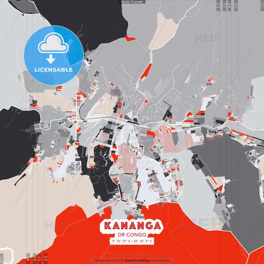 Kananga, DR Congo - modern street map poster template with gray and red tones