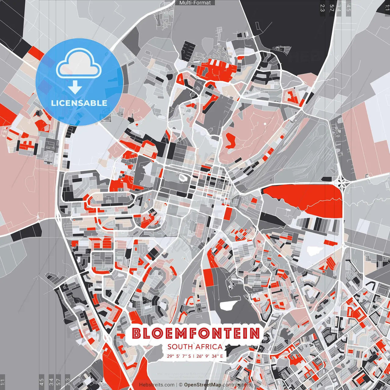 Bloemfontein, South Africa - modern street map poster template with gray and red tones