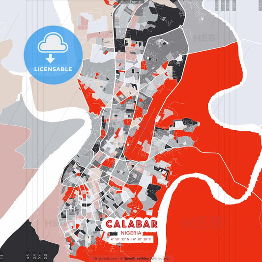 Calabar, Nigeria - modern street map poster template with gray and red tones