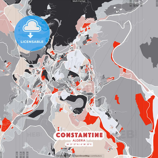 Constantine, Algeria - modern street map poster template with gray and red tones