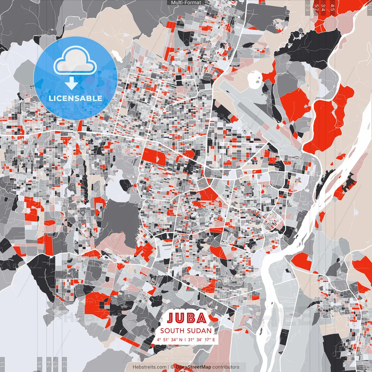 Juba, South Sudan - modern street map poster template with gray and red tones