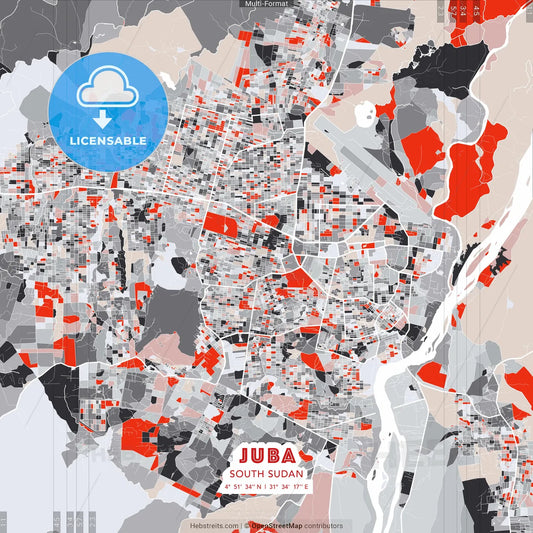 Juba, South Sudan - modern street map poster template with gray and red tones