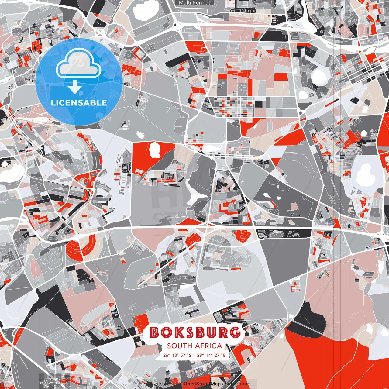 Boksburg, South Africa - modern street map poster template with gray and red tones