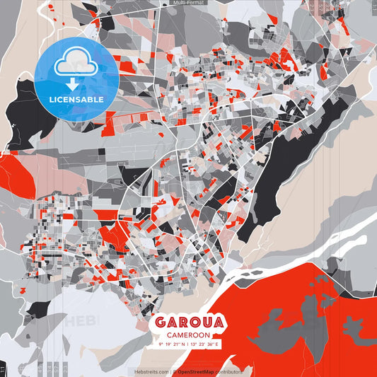 Garoua, Cameroon - modern street map poster template with gray and red tones