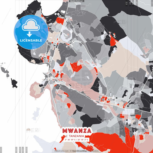 Mwanza, Tanzania - modern street map poster template with gray and red tones