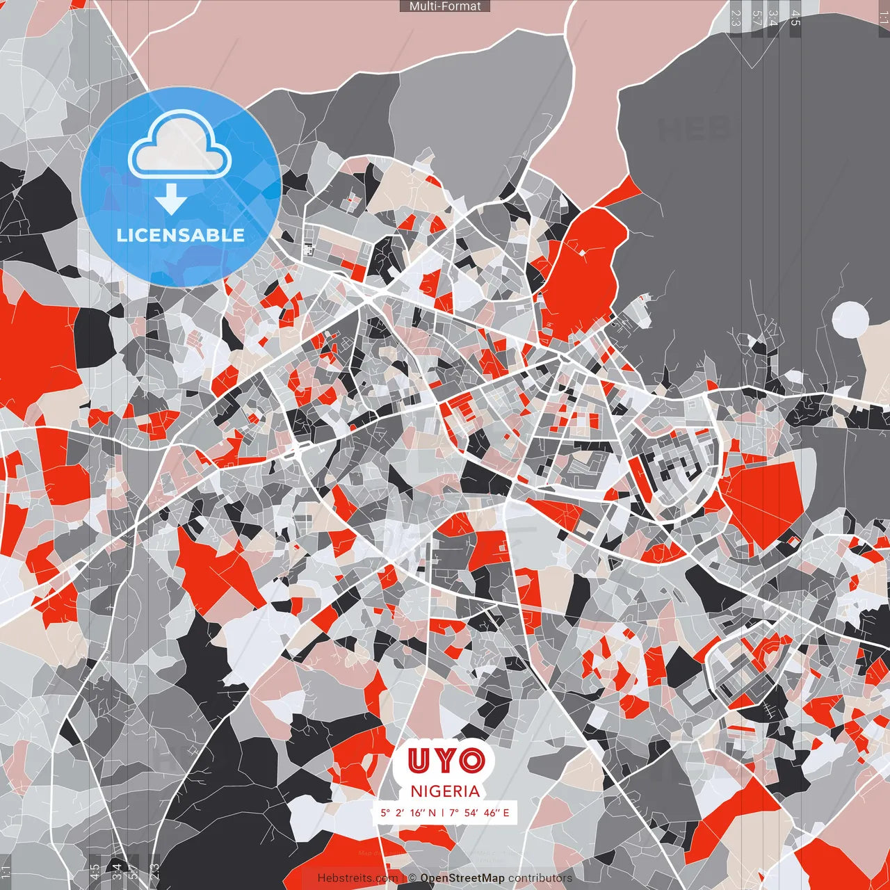 Uyo, Nigeria - modern street map poster template with gray and red tones