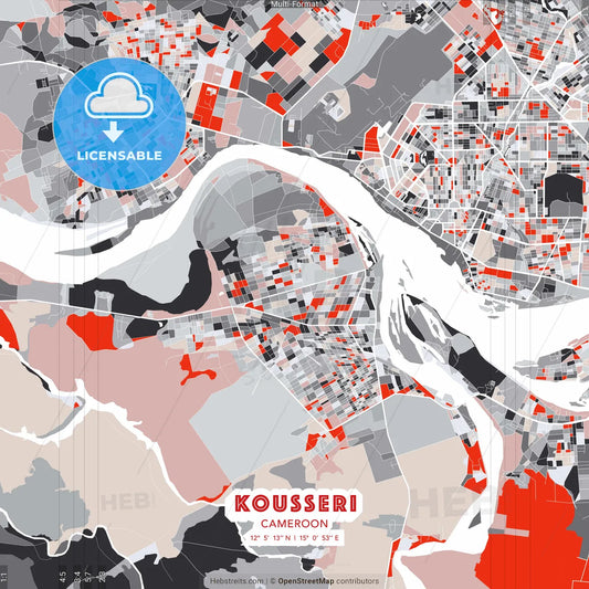 Kousseri, Cameroon - modern street map poster template with gray and red tones