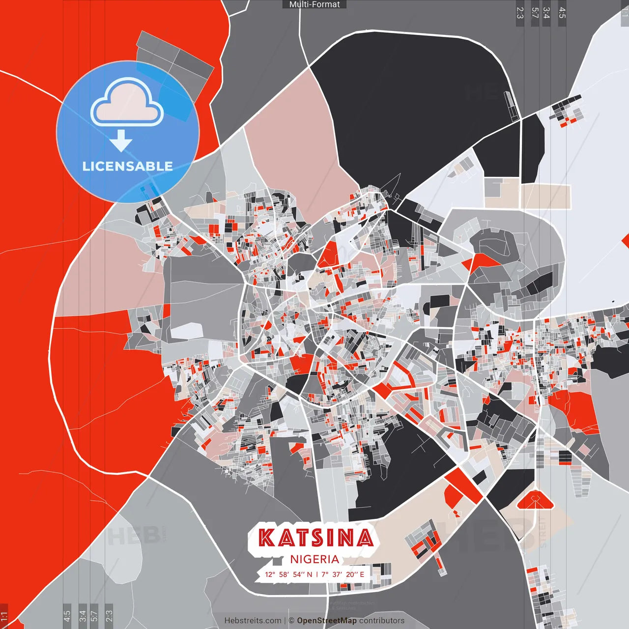Katsina, Nigeria - modern street map poster template with gray and red tones