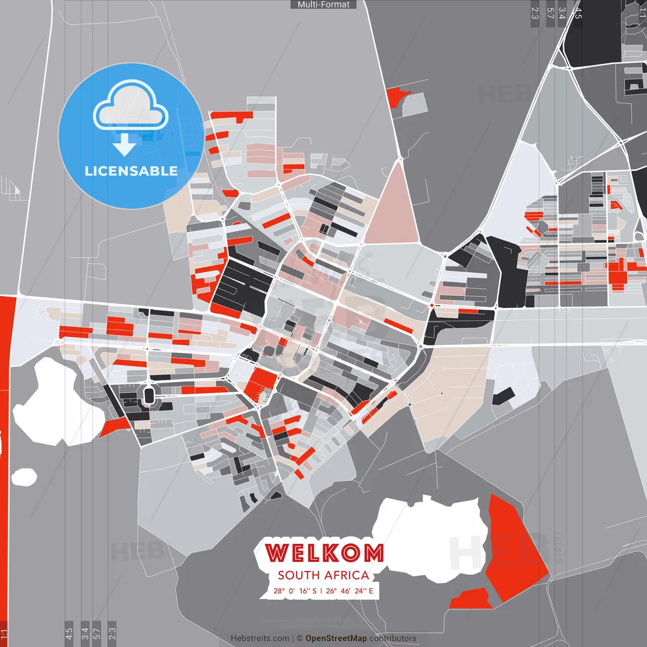 Welkom, South Africa - modern street map poster template with gray and red tones