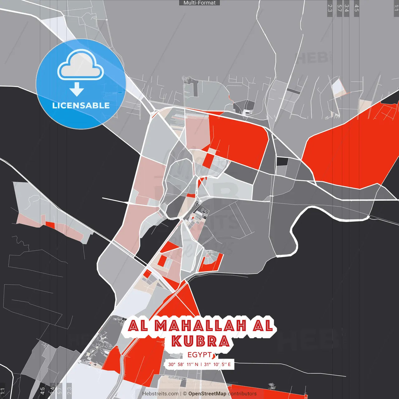Al Mahallah al Kubra, Egypt - modern street map poster template with gray and red tones