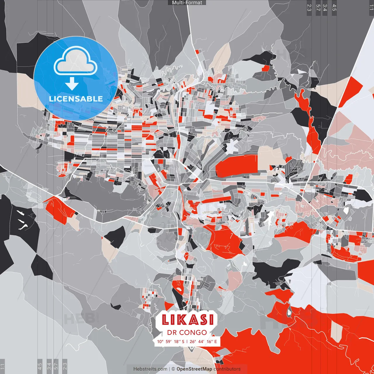 Likasi, DR Congo - modern street map poster template with gray and red tones