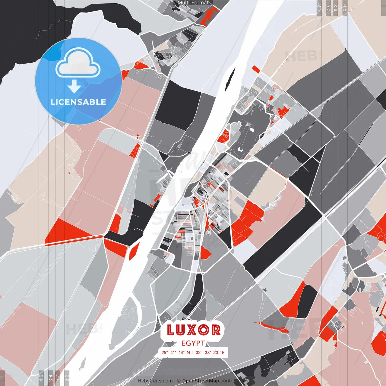 Luxor, Egypt - modern street map poster template with gray and red tones