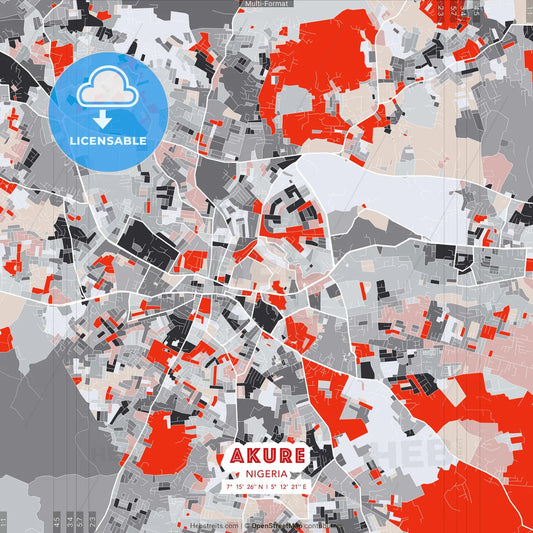 Akure, Nigeria - modern street map poster template with gray and red tones