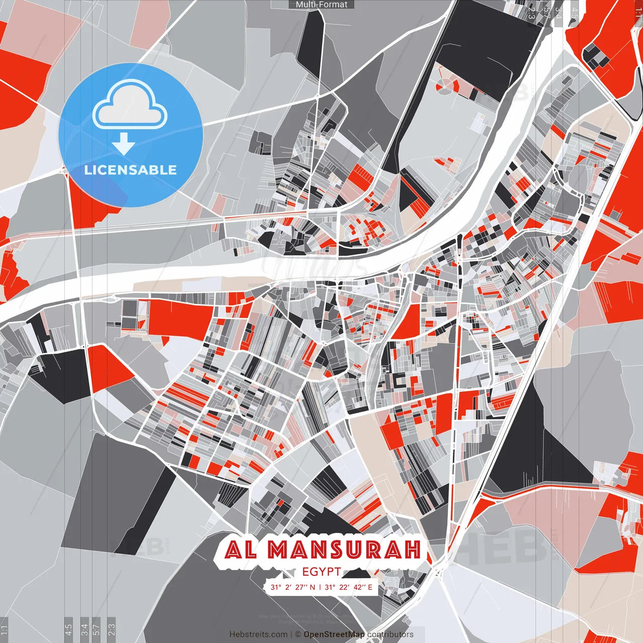 Al Mansurah, Egypt - modern street map poster template with gray and red tones