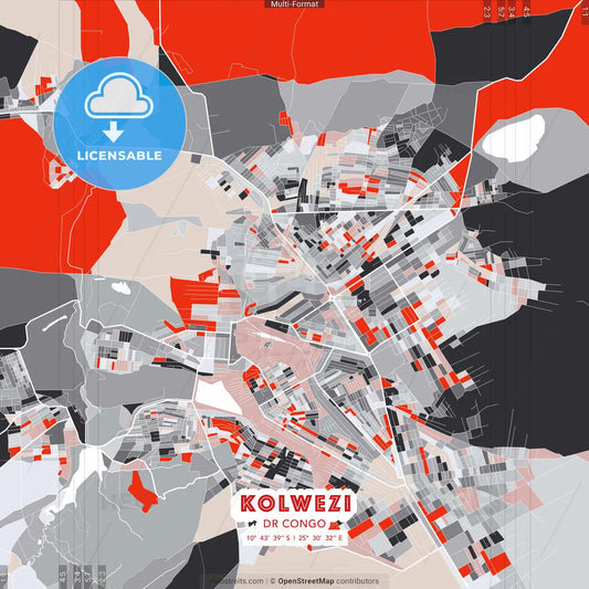 Kolwezi, DR Congo - modern street map poster template with gray and red tones