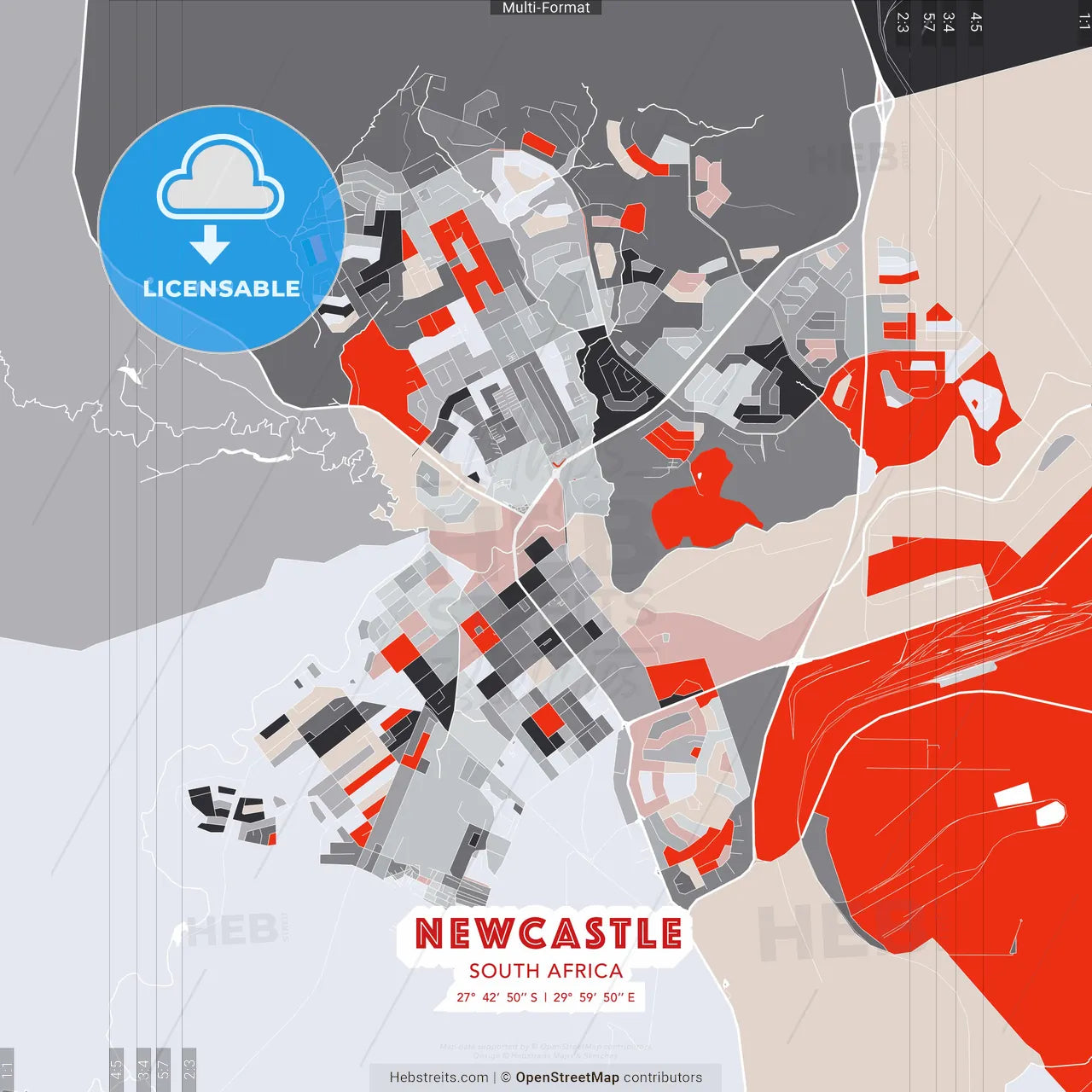 Newcastle, South Africa - modern street map poster template with gray and red tones