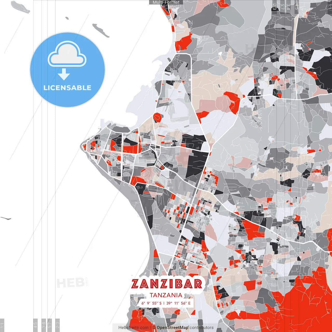 Zanzibar, Tanzania - modern street map poster template with gray and red tones