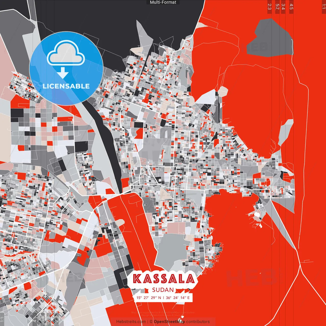Kassala, Sudan - modern street map poster template with gray and red tones
