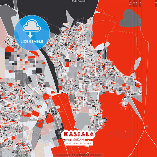 Kassala, Sudan - modern street map poster template with gray and red tones