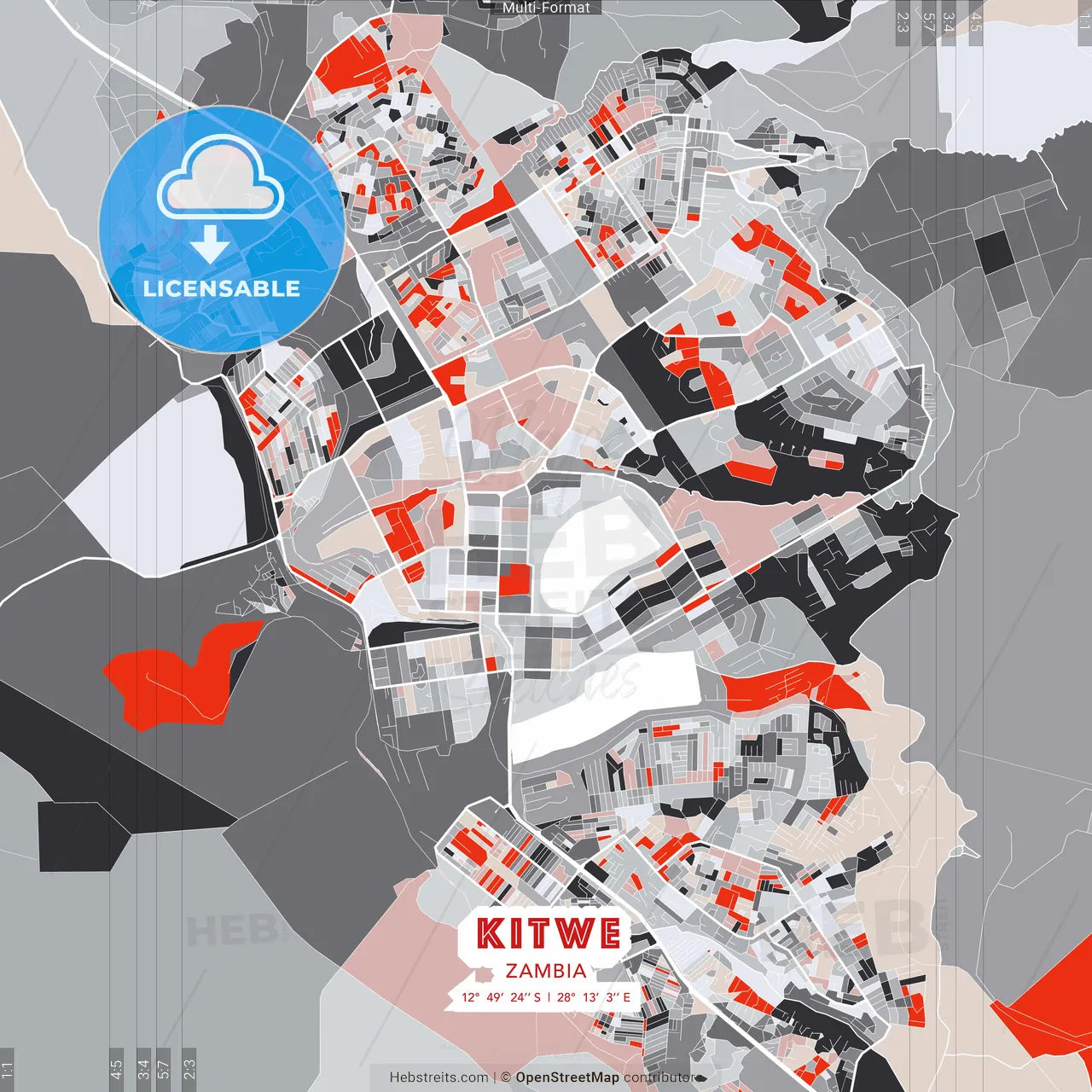 Kitwe, Zambia - modern street map poster template with gray and red tones