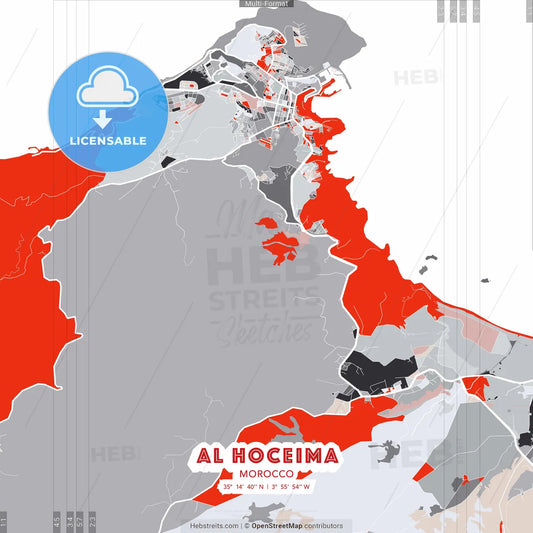 Al Hoceima, Morocco - modern street map poster template with gray and red tones