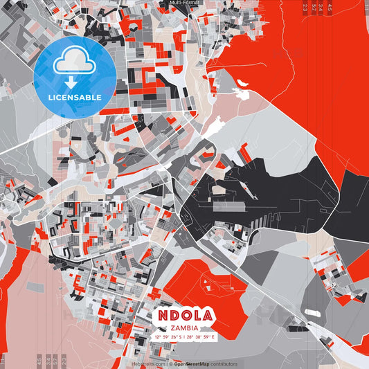 Ndola, Zambia - modern street map poster template with gray and red tones