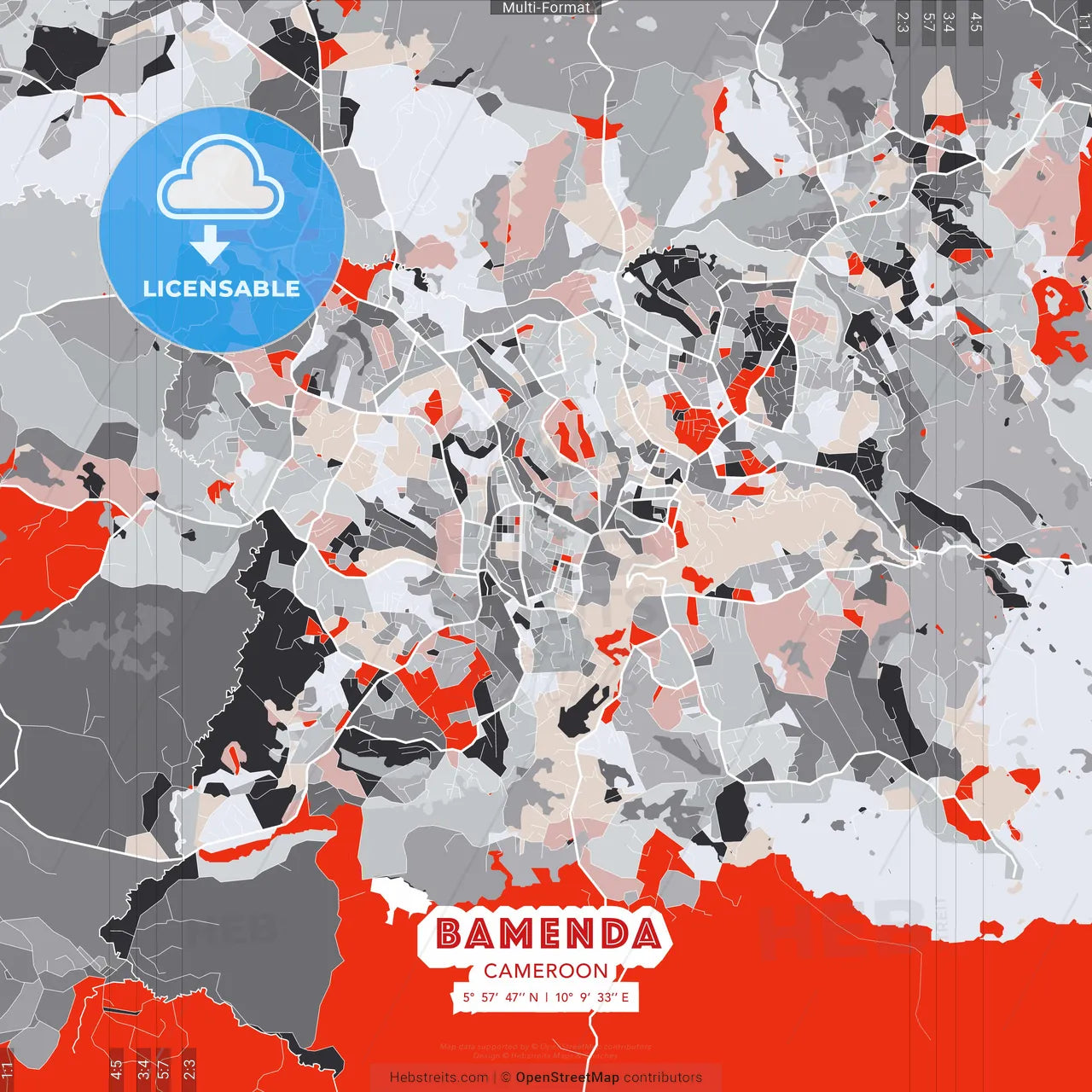 Bamenda, Cameroon - modern street map poster template with gray and red tones
