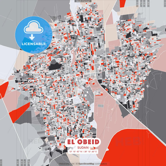 El Obeid, Sudan - modern street map poster template with gray and red tones