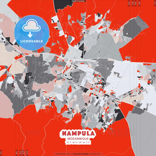 Nampula, Mozambique - modern street map poster template with gray and red tones