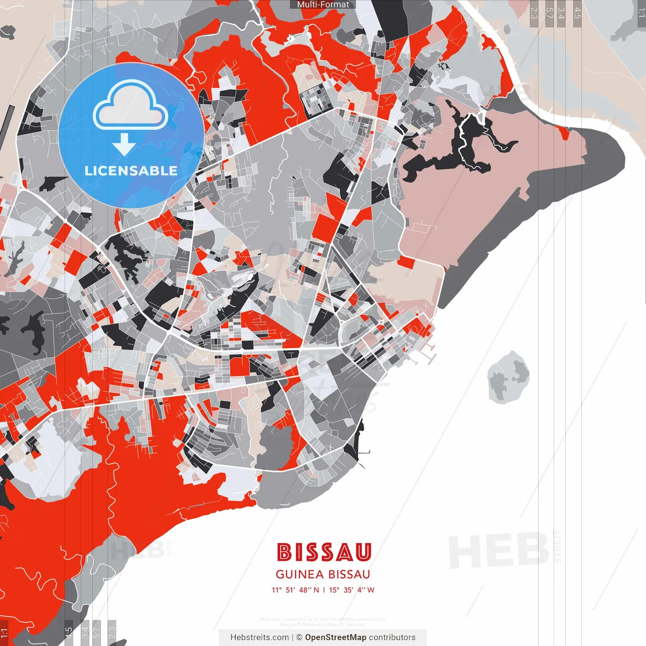 Bissau, Guinea Bissau - modern street map poster template with gray and red tones