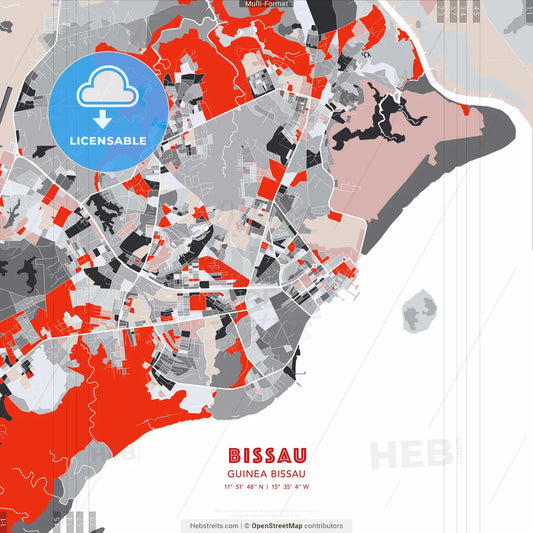 Bissau, Guinea Bissau - modern street map poster template with gray and red tones