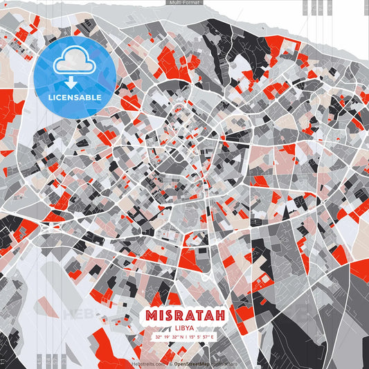 Misratah, Libya - modern street map poster template with gray and red tones