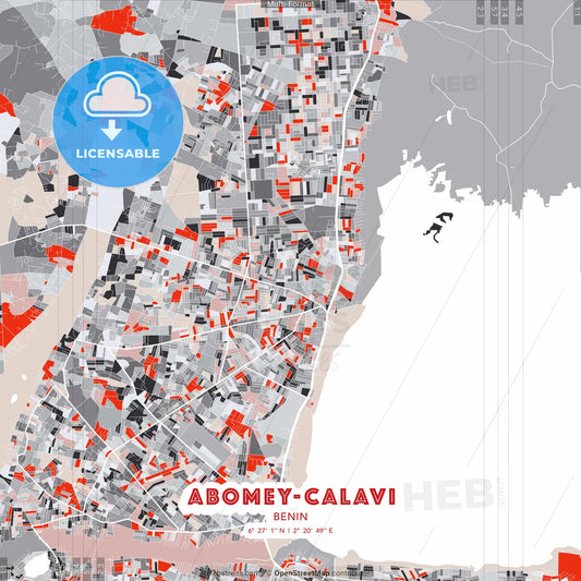 Abomey-Calavi, Benin - modern street map poster template with gray and red tones